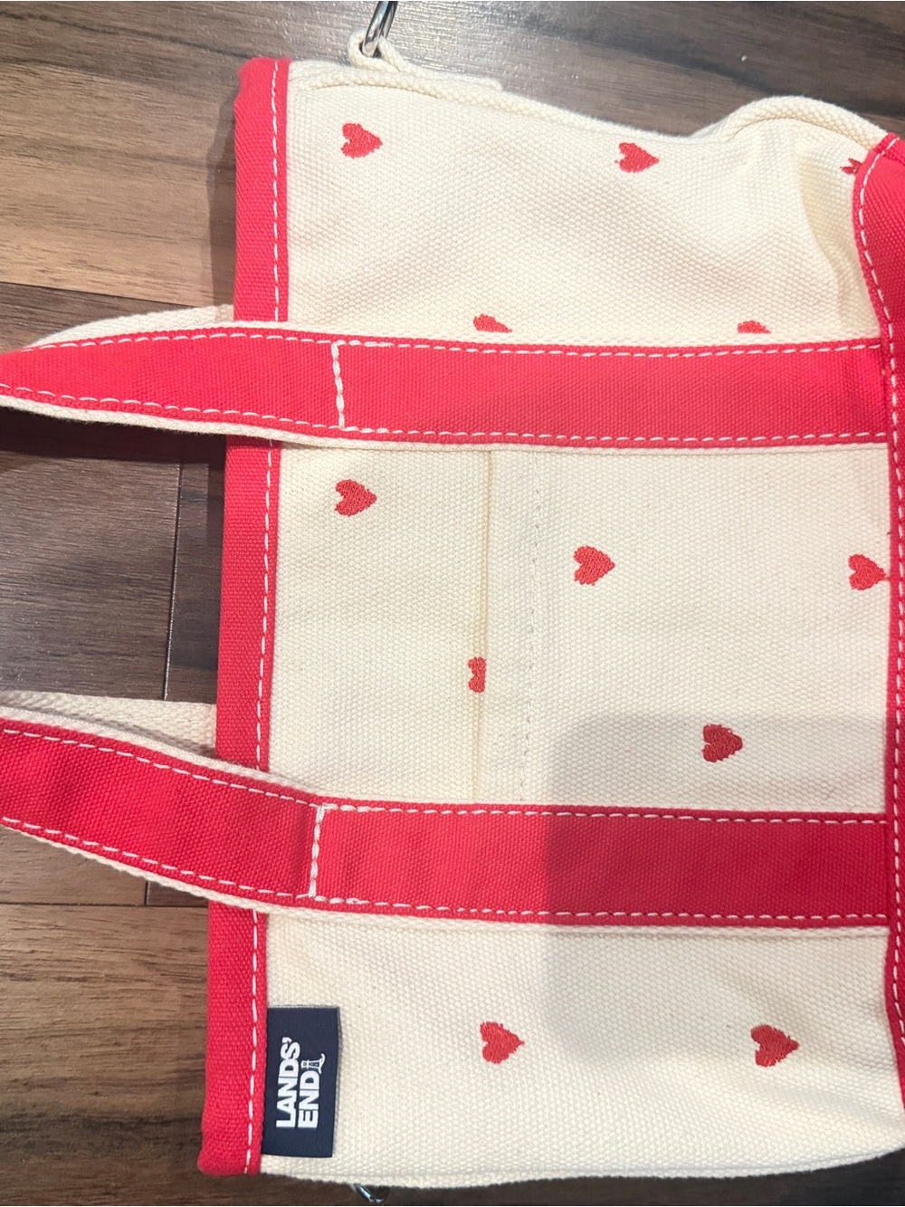 Lands' End Cream Canvas Tote with Red Heart Print and Red Trim